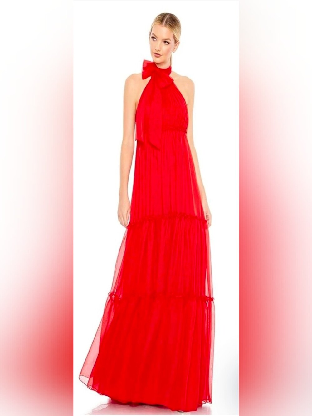 Mac Duggal NWT Red Ruched Tiered High Neck Bow A-Line Gown Dress Size 6 #55848